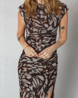 Abstract Mesh Cowl Neck Ruched Slit Midi Dress