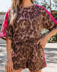Leopard Contrast Stripe Tee & Shorts Set