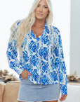 Abstract Tie-Neck Button- Up Puff Sleeve Shirt