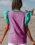 Stripe Colorblock Ruffle Sleeve Crewneck Blouse