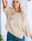 Ribbed Knit Reverse Seam 3/4 Sleeve Sweater