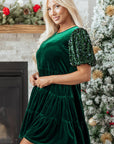 Velvet Sequin Puff Sleeve Tiered Mini Dress