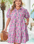 Plus Size Floral Half-Button Puff Sleeve Dress