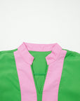 Colorblock Split Neck Puff Sleeve Mini Dress