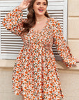 Plus Size Floral Long Sleeve V-Neck Babydoll Dress