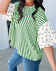 Floral Stripe Patchwork Puff Sleeve Round Neck Top