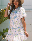 Floral Stripe Contrast Tie Split Neck Mini Dress
