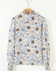 Floral Plaid Frilled Trim Long Sleeve Blouse