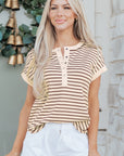 Stripe Half Buttoned Short Sleeve Top