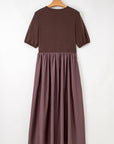 Patchwork Knit Short Sleeve Pleated Maxi Dress