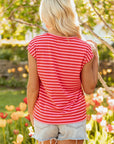 Stripe Ribbed Cap Sleeve Round Neck T-Shirt