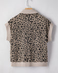 Leopard Zip-Up Collared Cap Sleeve Top