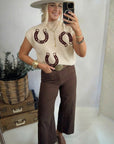 Western Corded Horseshoe Mock Neck Short Sleeve Sweater