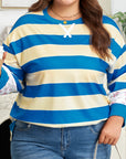 Blue Stripe Floral Color Block Drop Shoulder Plus Size Pullover Top