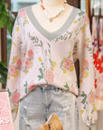 Floral Stripe Contrast V-Neck Sweater