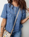 Denim Pleated Half Buttoned Short Sleeve Top