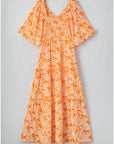 Floral Smocked V-Neck Wide Sleeve Maxi Dress