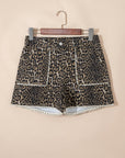 Leopard Contrast Scallop Lace Trim Denim Shorts