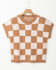 Checker Colorblock Ribbed Trim Sweater Knit Top