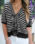 Stripe Bow Tie V-Neck Short Sleeve Sweater
