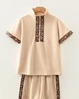 Leopard Trim Half-Zip Top and Shorts Set