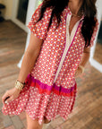 Floral Geometric Colorblock Ruffle Hem Dress