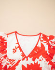 Floral Trim V-Neck Ruffle Sleeve Midi Dress