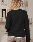 Leopard Bow Split Cuff Contrast Trim Sweater