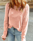 Solid Waffle Knit Round Neck Long Sleeve Top