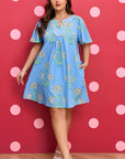Plus Size Floral Stripe Contrast Short Sleeve Mini Dress