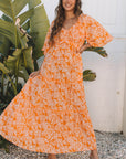 Floral Smocked V-Neck Wide Sleeve Maxi Dress