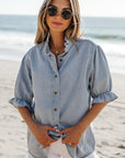 Chambray Ruffle Short Puff Sleeve Buttoned Shirt