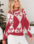 Bow Colorblock Rhombus Drop Shoulder Sweater