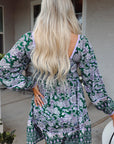 Boho Floral Piping Trim Bubble Sleeve Dress