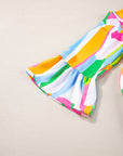 Abstract Ruffle Sleeve Notched V-Neck Dress
