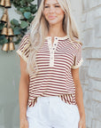 Stripe Half Buttoned Short Sleeve Top