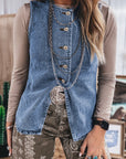 Western Denim Button Front Slit Sleeveless Vest