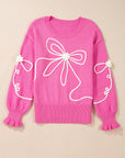 Bow Tie Corded Embroidery Ruffle Cuff Sweater