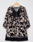 Floral Patchwork Split Neck 3/4 Sleeve Mini Dress