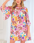 Pink Floral Print Lace Trimmed Tie Back Bell Sleeve Swing Mini Dress