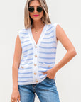 Stripe Buttoned V-Neck Sweater Knit Top