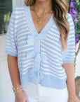 Stripe Bow Tie V-Neck Short Sleeve Sweater