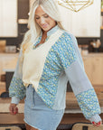 Floral Stripe Collared V-Neck Drop Sleeve Sweatshirt