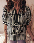 Geometric Scallop Trim Patchwork Puff Sleeve Blouse