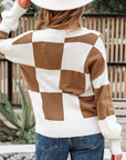 Checker Buttoned V-Neck Sweater Cardigan