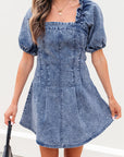 Denim Frilly Square Neck Bustier Puff Sleeve Dress