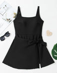 Solid Wrap Tie Waist Square Neck Swim Dress