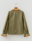 Stripe Trim Ruffle Split Neck Long Sleeve Blouse