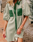 Stripe Patchwork Chest Pocket Mini Shirt Dress