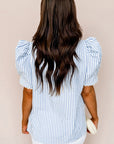 Leopard Patchwork Collared V-Neck Puff Sleeve Blouse